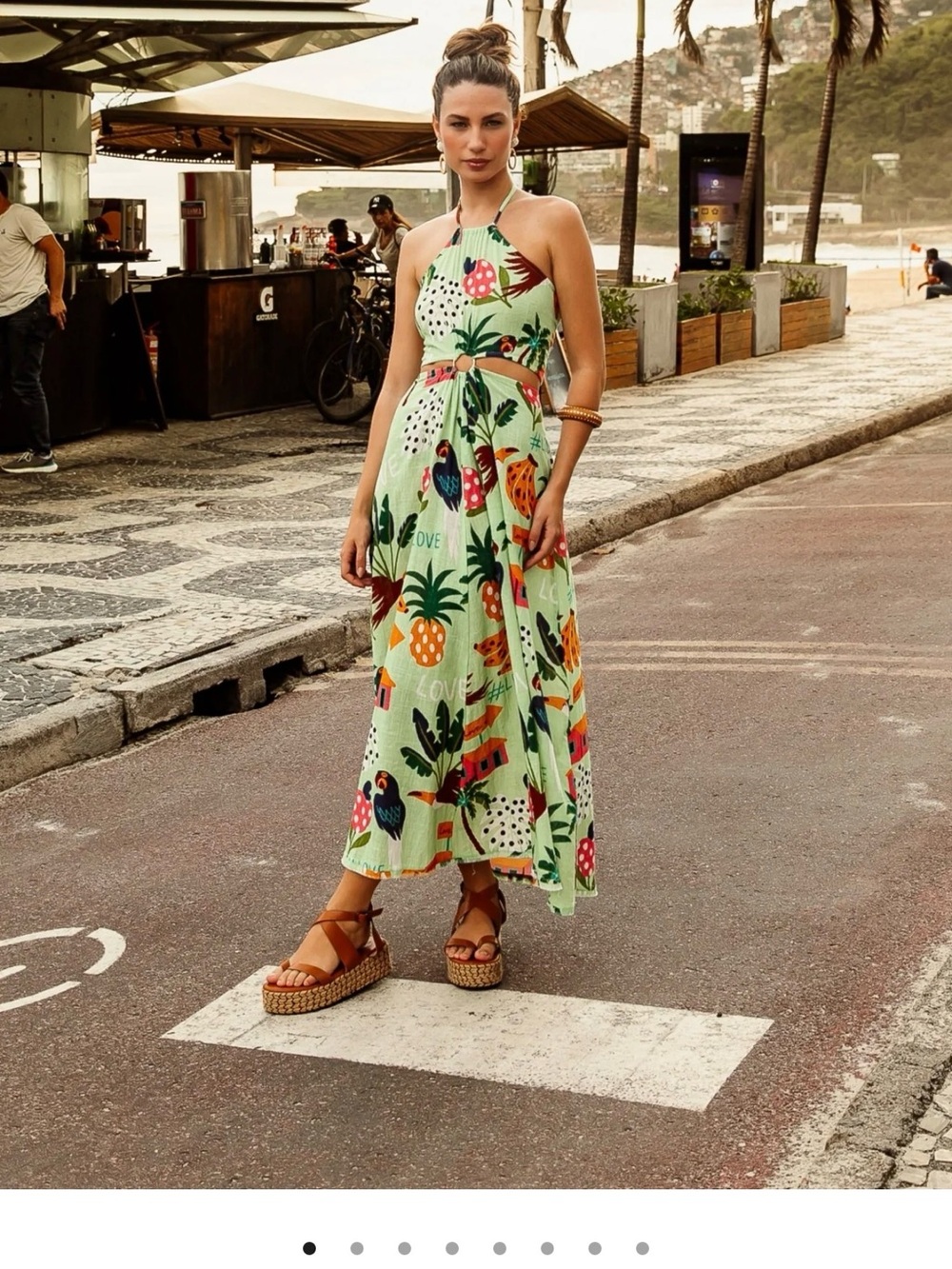 NWT ZLEUROPE handmade Green Tropical Print Halter Maxi Dress size L